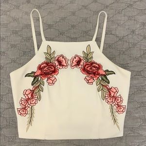 White, flower embroidered, crop tank top